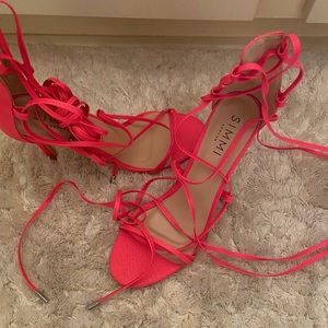 Neon pink strappy heels- snake print